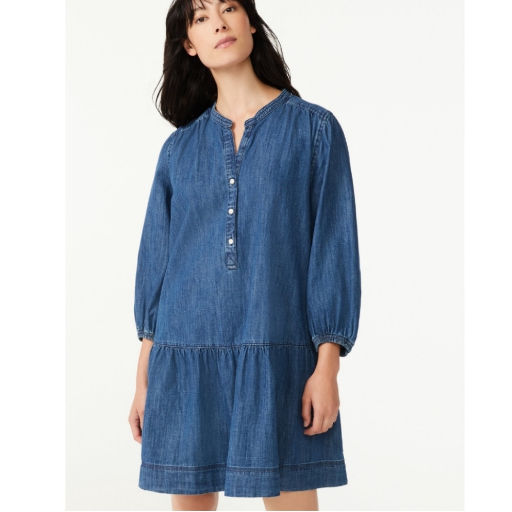 Free Assembly Women's Puff Sleeve Tiered Dress- Standard and Plus Sizes